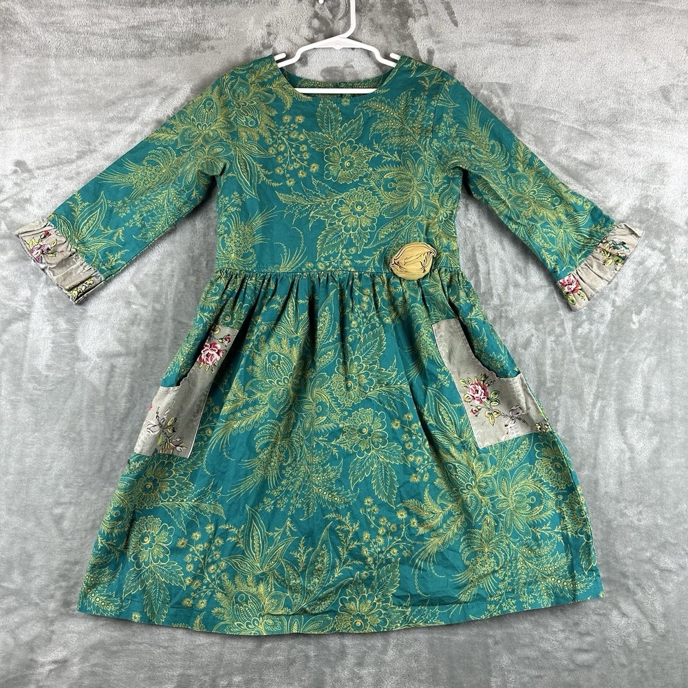 Giggle Moon Dress Girls 7 Teal Green Yellow Wooden Buttons Rosette Holiday Party